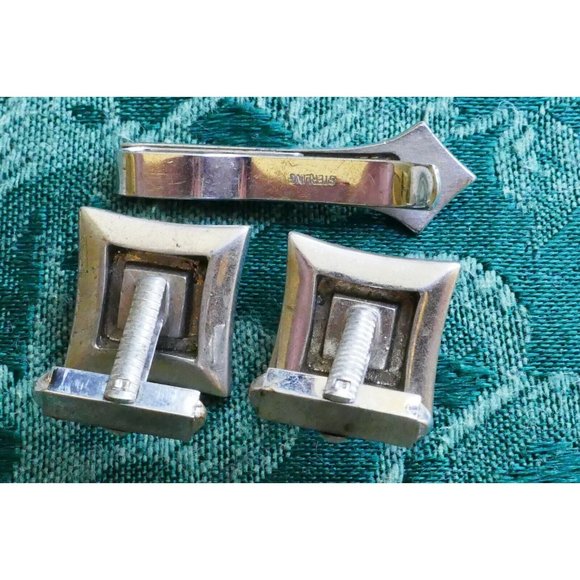 Moderniest MCM Sterling Silver & Pearl Jewelry Set Cufflinks Tie Bar Signed V - Picture 7 of 11